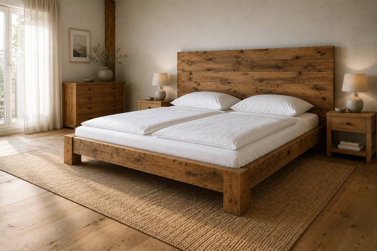 Massivholzbett 180 x 200 cm aus Wildeiche rustikal mit breitem Lamellen-Kopfteil in einem großzügigen hellen Schlafzimmer