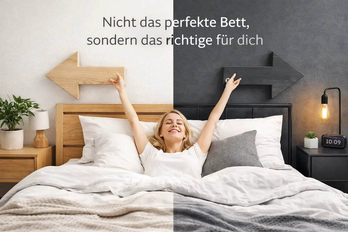 Frau liegt entspannt im Bett zwischen Holz- und Metallbett, Symbol für die Wahl des passenden Bettes nach persönlichem Geschmack statt Perfektion.