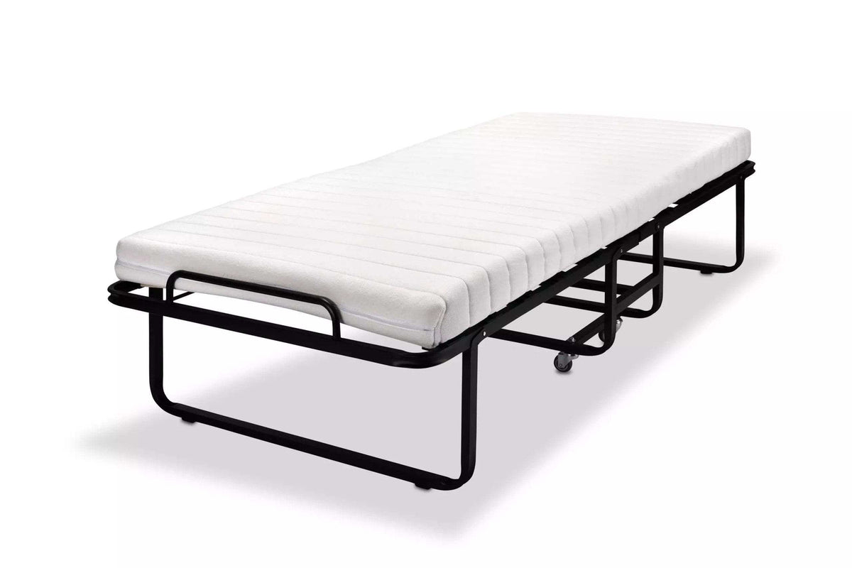 Klappbett 90x200 aufgeklappt mit Matratze und Staubhusse
